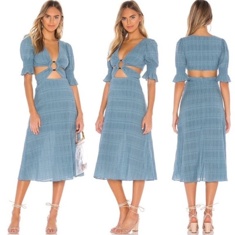 Tularosa Nanette Cut Out Dress Dusty Blue Small Cotton Blend Lined Maxi Plunge